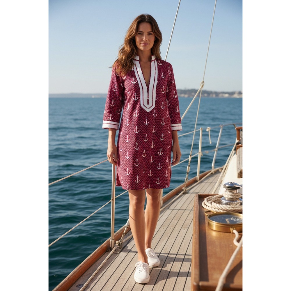 Lauren Gold Women's Nautical Anchor Chevron Tunic Dress Size 6